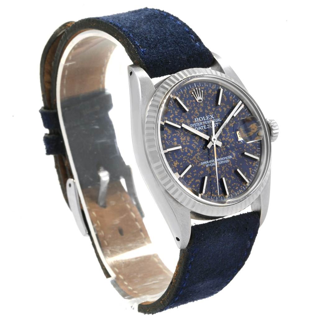 The image shows a Rolex Vintage Collection 16014 Men
s Stainless Steel Blue Dial 16014 Men
s Stainless Steel Blue Dial watch at a front-side angle, displaying the dial, case, bezel, and strap.