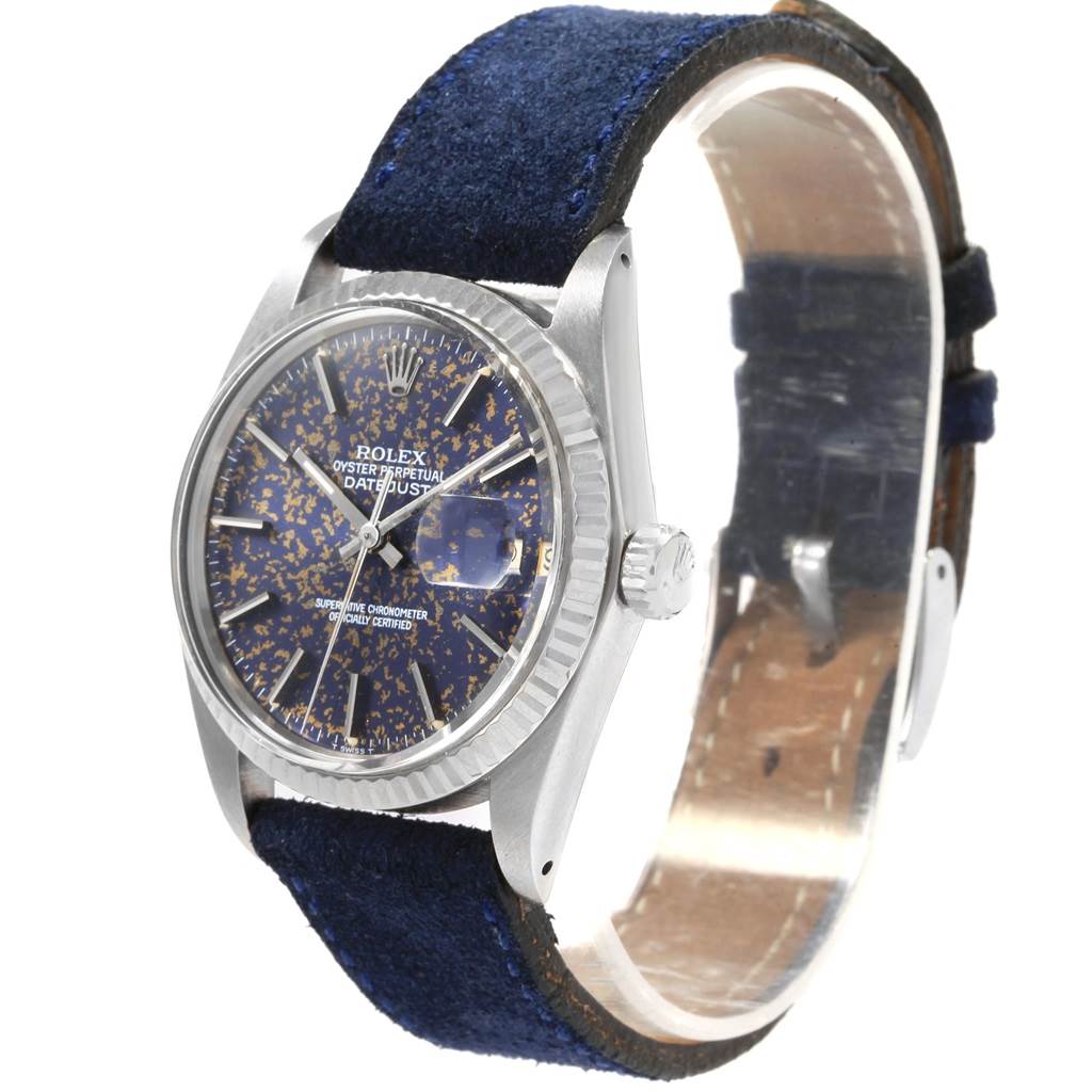 This Rolex Vintage Collection 16014 Men
s Stainless Steel Blue Dial 16014 Men
s Stainless Steel Blue Dial model shows a side angle, displaying the face, crown, and a blue strap.