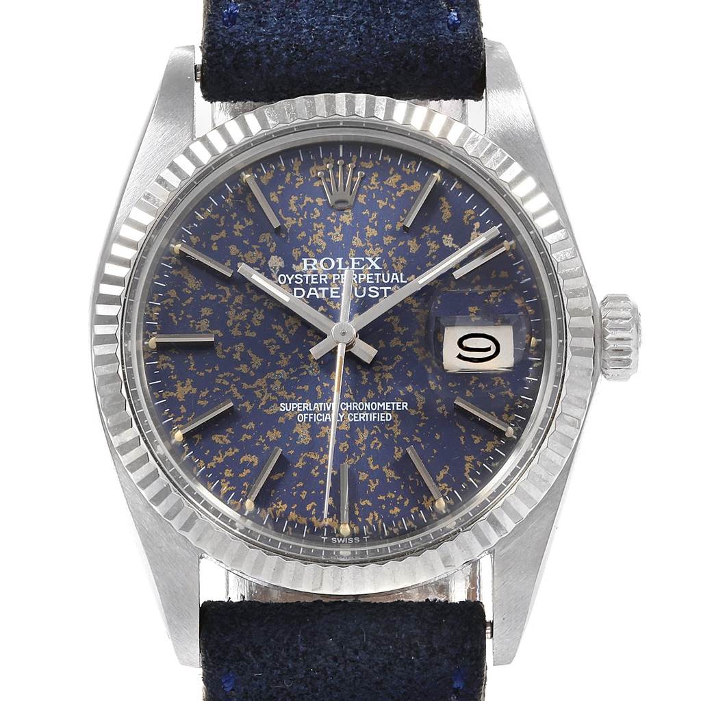 The image shows a front view of a Rolex Vintage Collection 16014 Men
s Stainless Steel Blue Dial 16014 Men
s Stainless Steel Blue Dial Datejust watch, highlighting its blue speckled dial and date window.