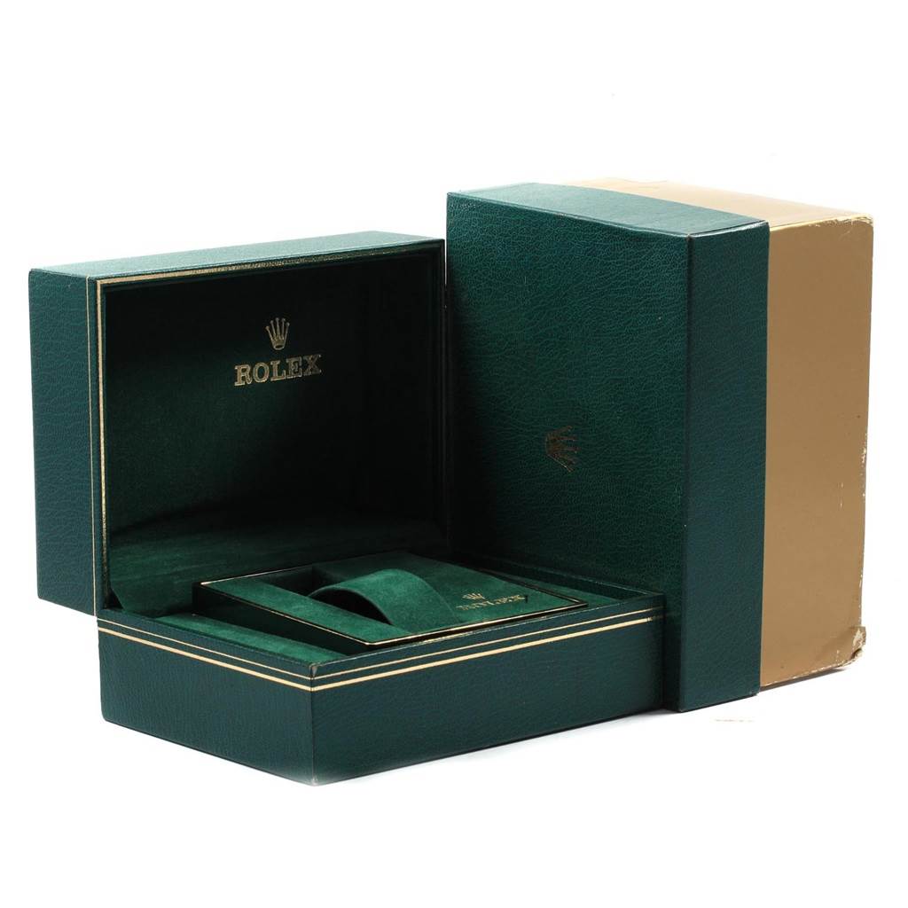 The image shows an open green Rolex box for the Vintage Collection model, displaying its interior.