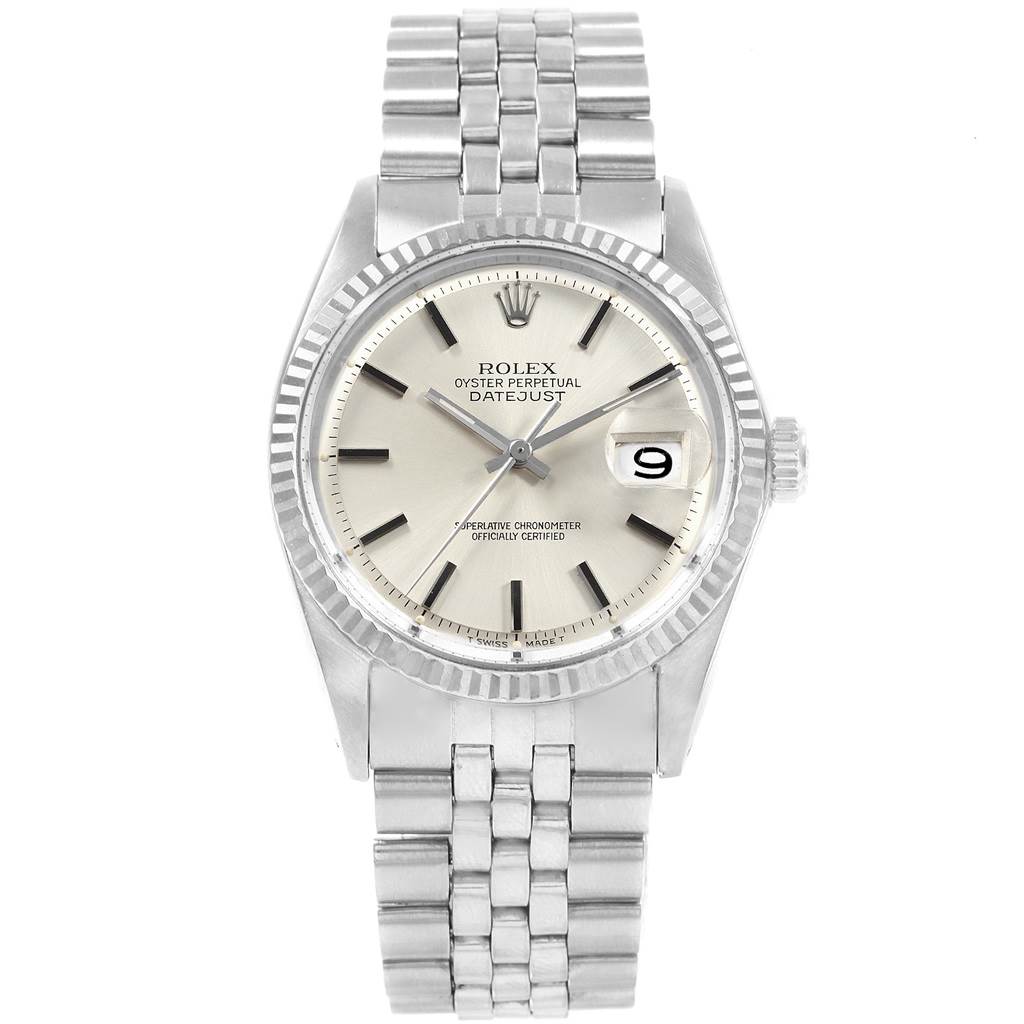 This image shows a frontal view of the Rolex Vintage Collection 1601 Men's Stainless Steel Silver Dial 1601 Men's Stainless Steel Silver Dial Oyster Perpetual Datejust watch, displaying its face, bezel, and bracelet.