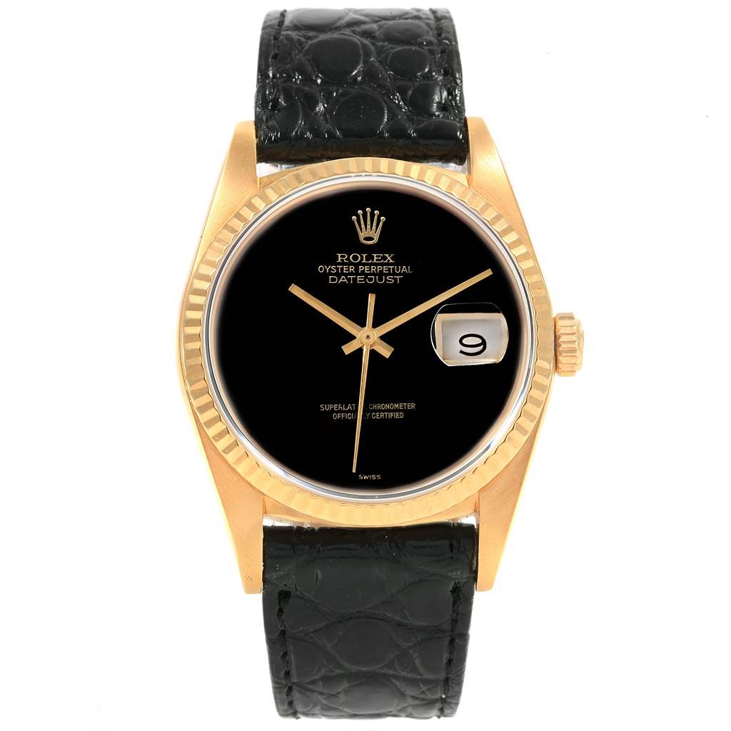 The image shows a front view of a Rolex Vintage Collection 16018 Men
s Yellow Gold Black Dial 16018 Men
s Yellow Gold Black Dial Oyster Perpetual Datejust watch, displaying the face, bezel, and strap.