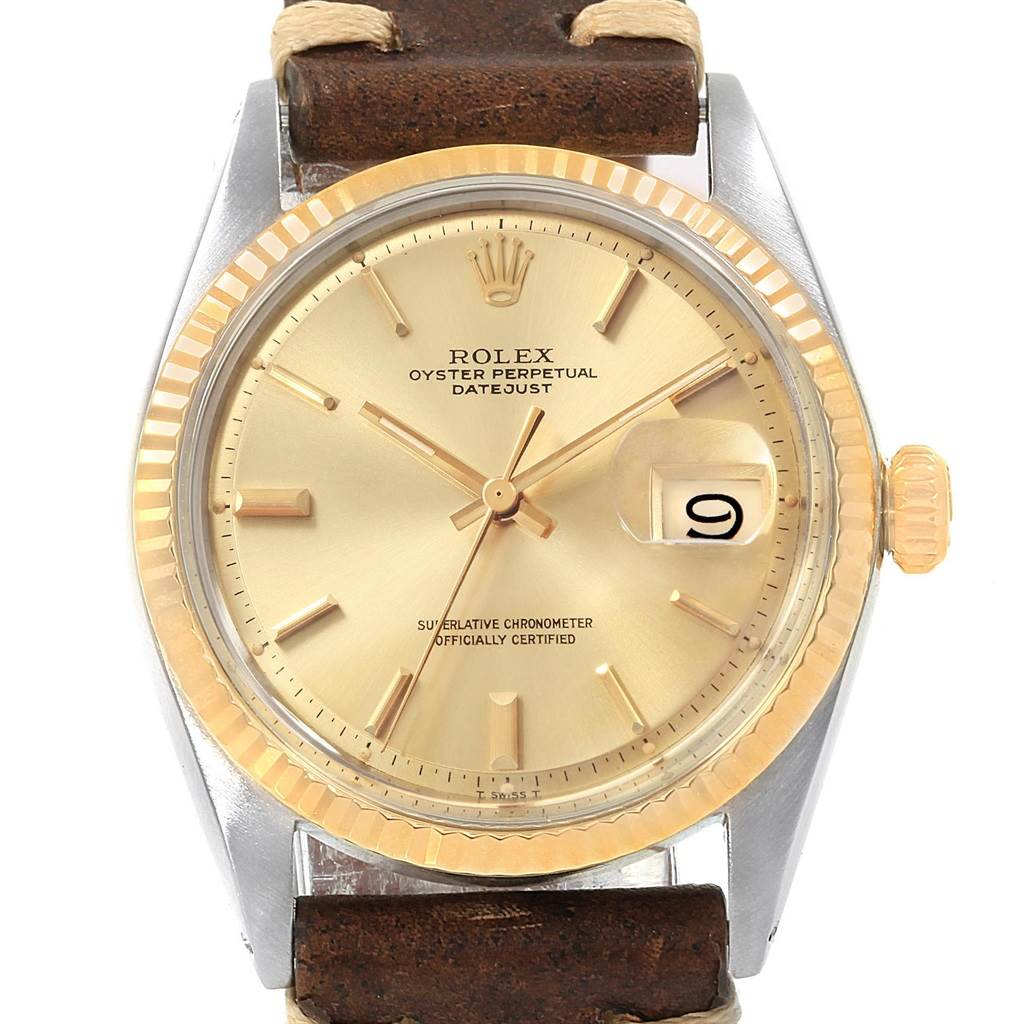 Rolex Datejust Steel Yellow Gold Brown Strap Vintage Mens Watch 1601 ...