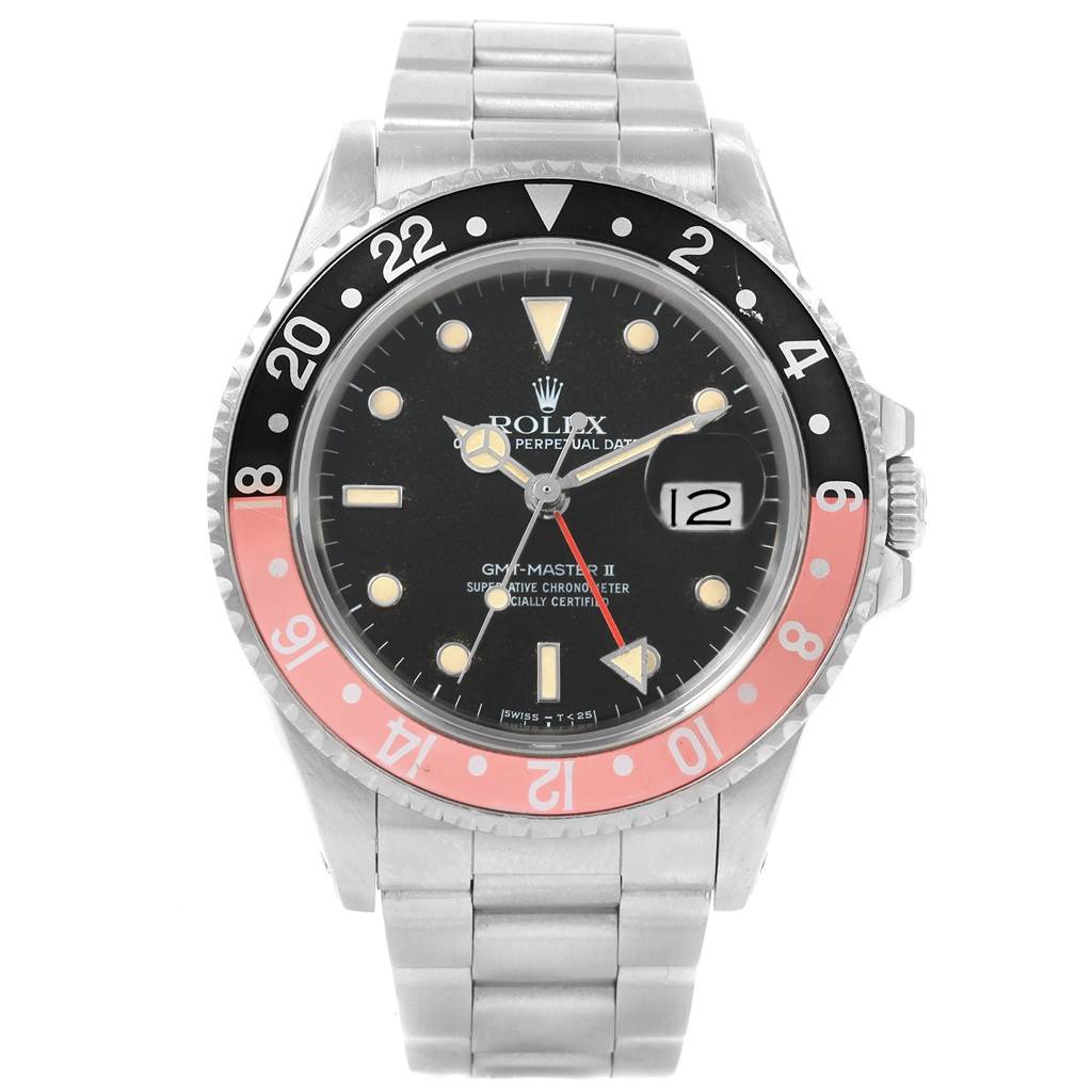This image shows the Rolex Vintage Collection 16760 Men's Stainless Steel Black Dial 16760 Men's Stainless Steel Black Dial GMT-Master II watch from a front angle, displaying the dial, bezel, and bracelet.