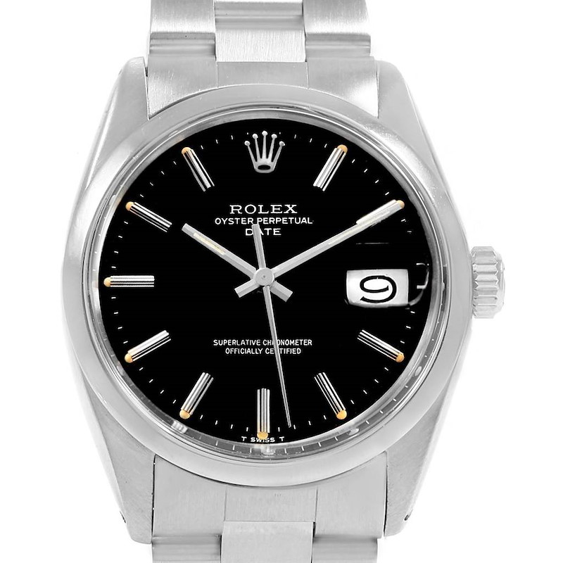 Rolex Date Black Dial Oyster Bracelet Steel Vintage Mens Watch 1500 SwissWatchExpo