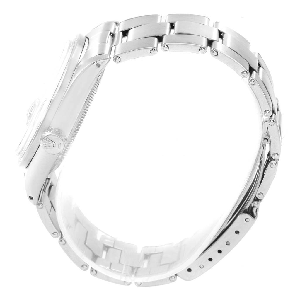 This image shows a side view of the Rolex Vintage Collection 1501 Men
s Stainless Steel Silver Dial 1501 Men
s Stainless Steel Silver Dial model, highlighting the bracelet and crown.