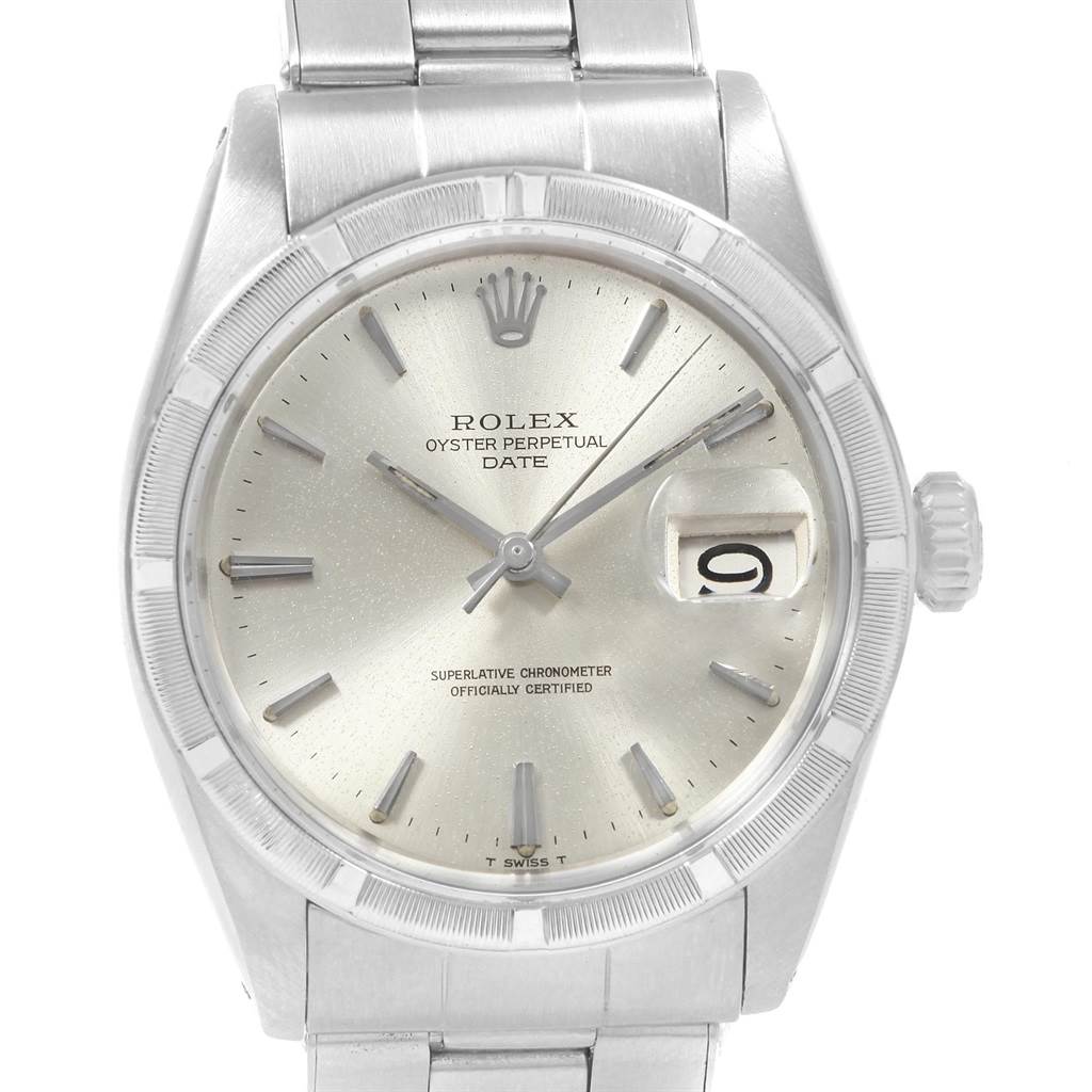 This image shows a front view of the Rolex Vintage Collection 1501 Men
s Stainless Steel Silver Dial 1501 Men
s Stainless Steel Silver Dial model watch, highlighting the dial, hands, date window, and bracelet.
