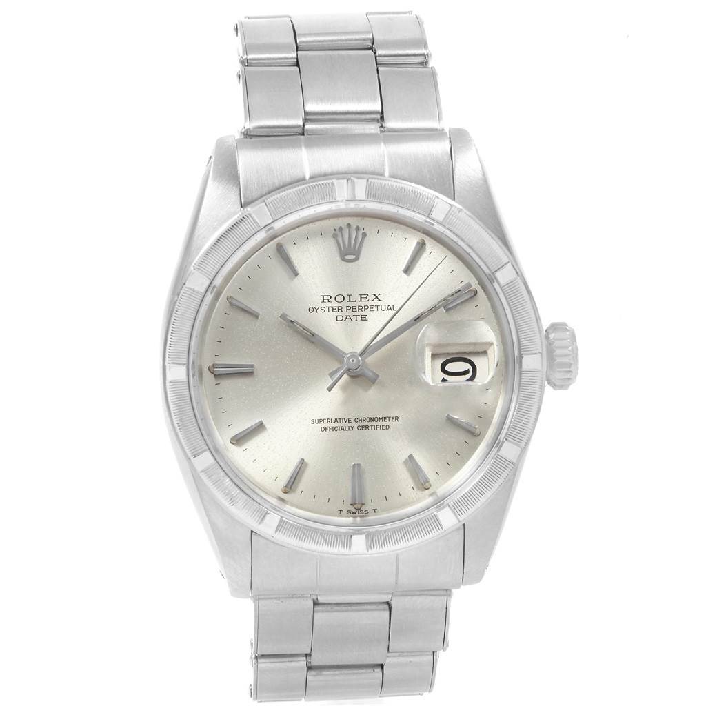 The image shows a front view of a Rolex Vintage Collection 1501 Men
s Stainless Steel Silver Dial 1501 Men
s Stainless Steel Silver Dial Oyster Perpetual Date watch featuring its dial, bezel, and bracelet.