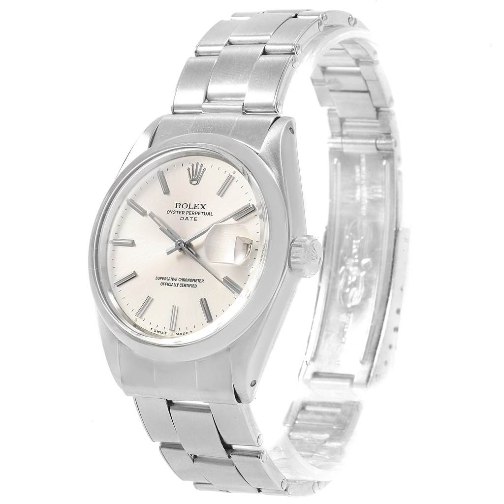 The image shows a Rolex Vintage Collection 1500 Men's Stainless Steel Silver Dial 1500 Men's Stainless Steel Silver Dial watch from a slight angle, highlighting its dial, bezel, crown, and bracelet.