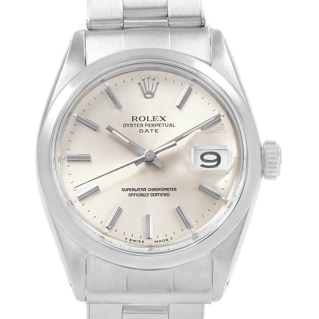 The Rolex Vintage Collection 1500 Men's Stainless Steel Silver Dial 1500 Men's Stainless Steel Silver Dial watch is shown from a front angle, displaying its dial, bracelet, crown, and date function.
