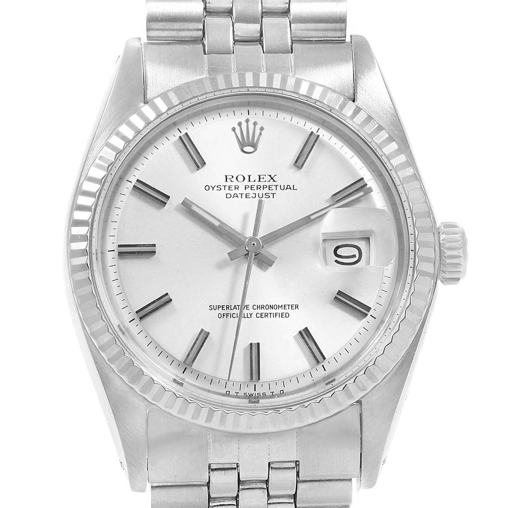 The image shows the face and part of the bracelet of a Rolex Vintage Collection 1601 Men's Stainless Steel Silver Dial 1601 Men's Stainless Steel Silver Dial Oyster Perpetual Datejust watch.