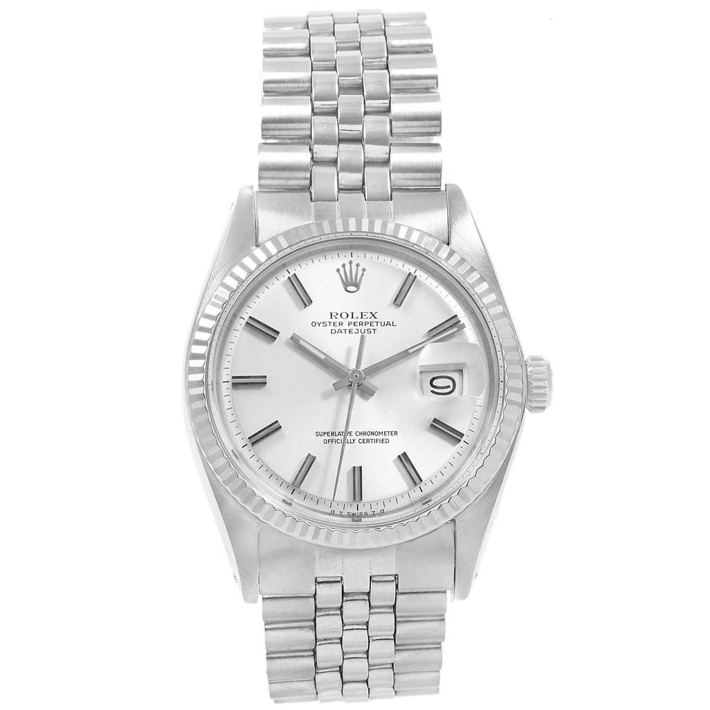 This Rolex Vintage Collection 1601 Men's Stainless Steel Silver Dial 1601 Men's Stainless Steel Silver Dial model watch is shown from a frontal angle, displaying the face, hands, date display, and bracelet.