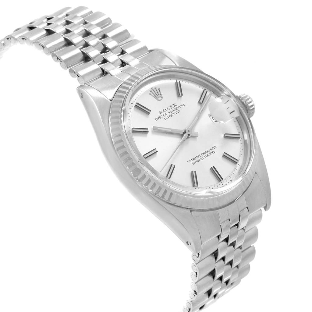 This image shows a Rolex Vintage Collection 1601 Men's Stainless Steel Silver Dial 1601 Men's Stainless Steel Silver Dial watch at an angled side view, displaying its face, bezel, crown, and bracelet.