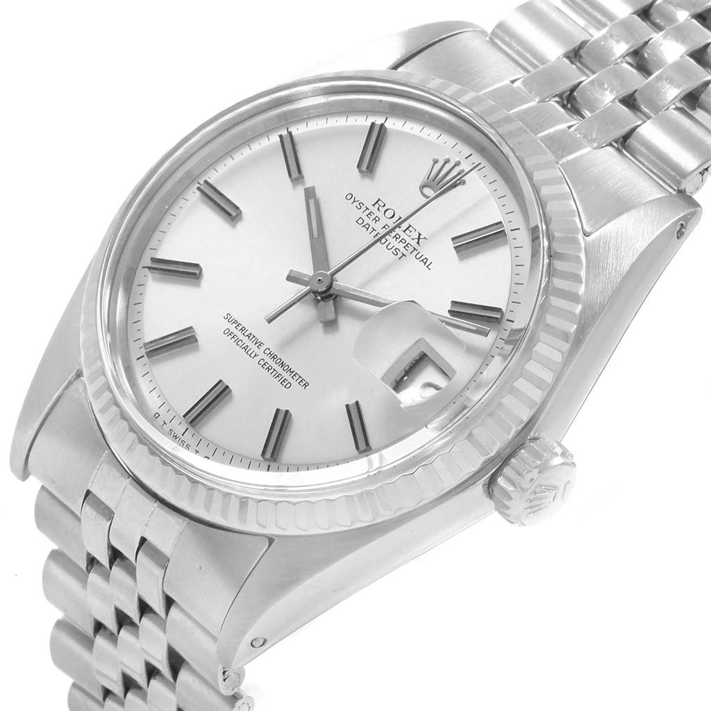 The image shows a close-up angle of the Rolex Vintage Collection 1601 Men's Stainless Steel Silver Dial 1601 Men's Stainless Steel Silver Dial Datejust watch, highlighting the face, bezel, and bracelet.