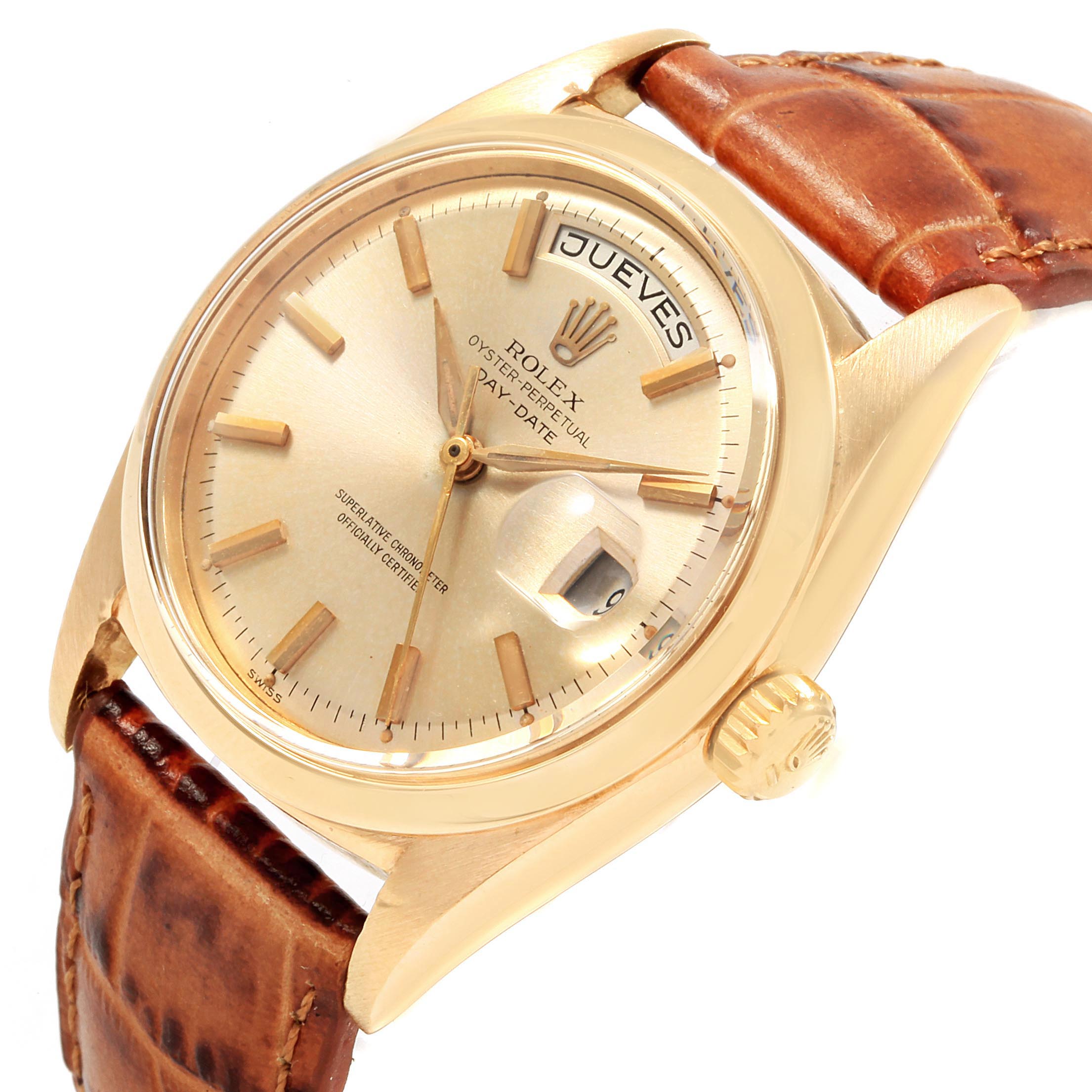 This image shows the Rolex Vintage Collection 1802 Men's Yellow Gold Champagne Dial 1802 Men's Yellow Gold Champagne Dial model watch from a tilted angle, highlighting the face, crown, bezel, and leather strap.