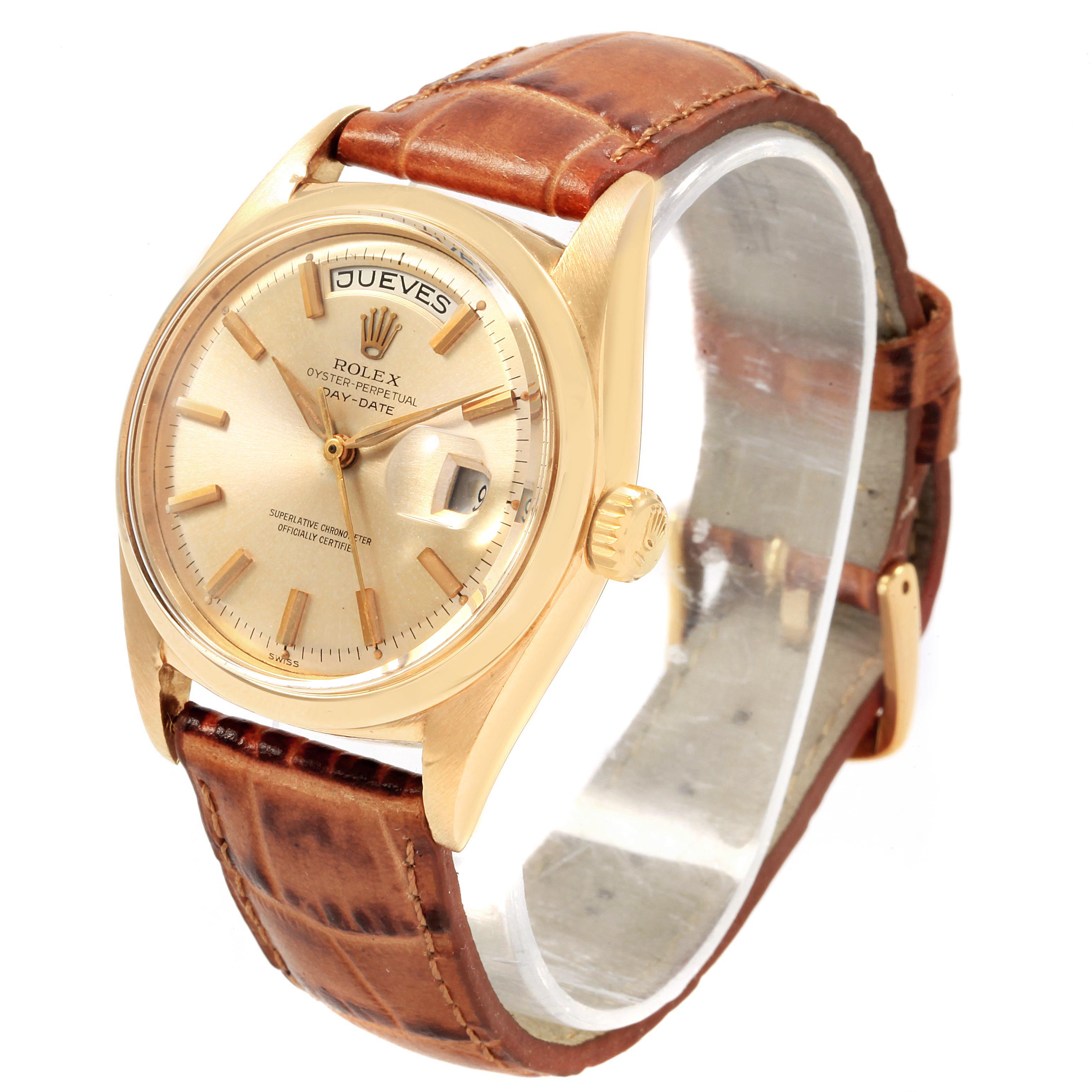 The image shows a Rolex Vintage Collection 1802 Men's Yellow Gold Champagne Dial 1802 Men's Yellow Gold Champagne Dial watch, featuring the dial, bezel, crown, and brown leather strap from a slightly angled left perspective.