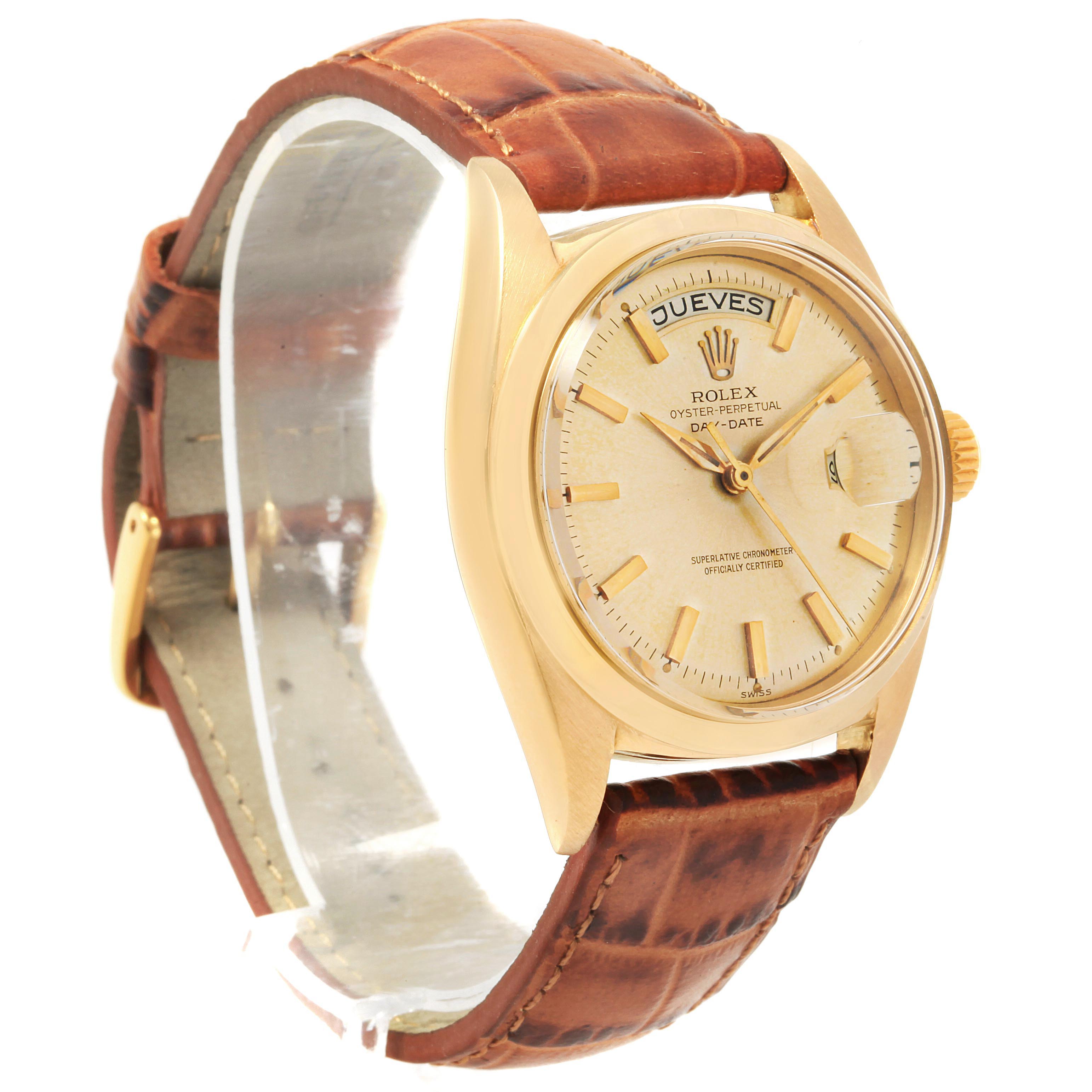 The Rolex Vintage Collection 1802 Men's Yellow Gold Champagne Dial 1802 Men's Yellow Gold Champagne Dial model is shown at a side angle, displaying the face, bezel, crown, and leather strap.