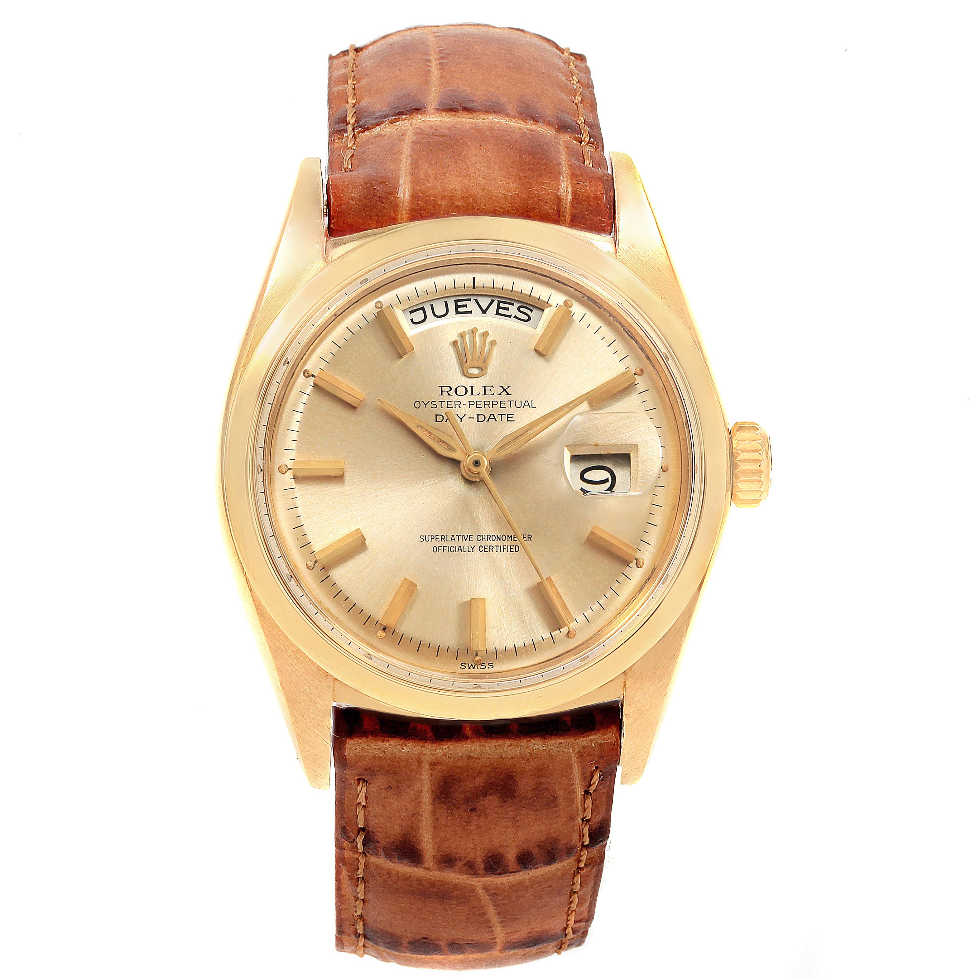 This image shows a front view of the Rolex Vintage Collection 1802 Men's Yellow Gold Champagne Dial 1802 Men's Yellow Gold Champagne Dial watch, highlighting the dial, bezel, crown, and leather strap.