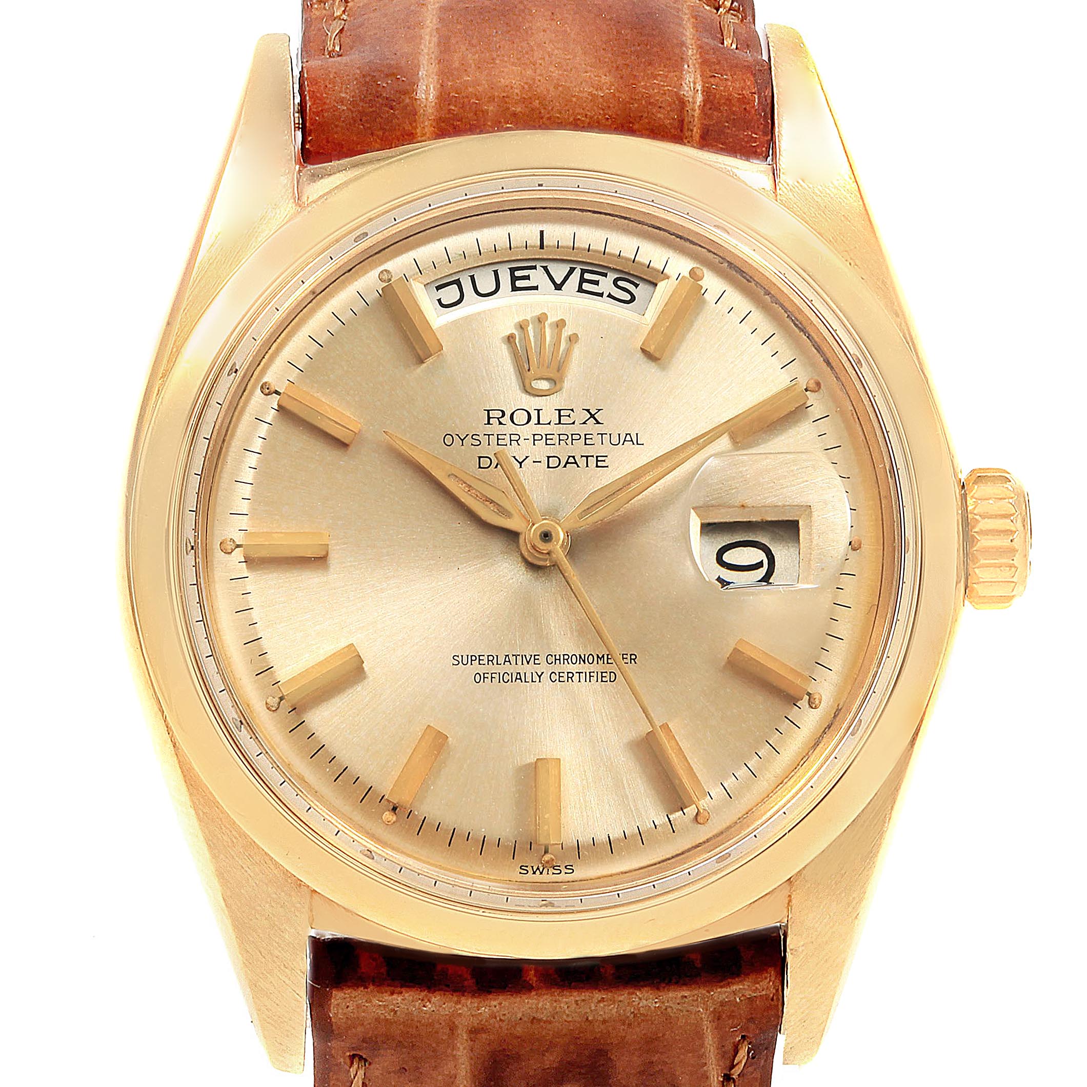 The image shows a front view of a Rolex Oyster-Perpetual Day-Date watch from the Vintage Collection, displaying the face, dial, and strap.