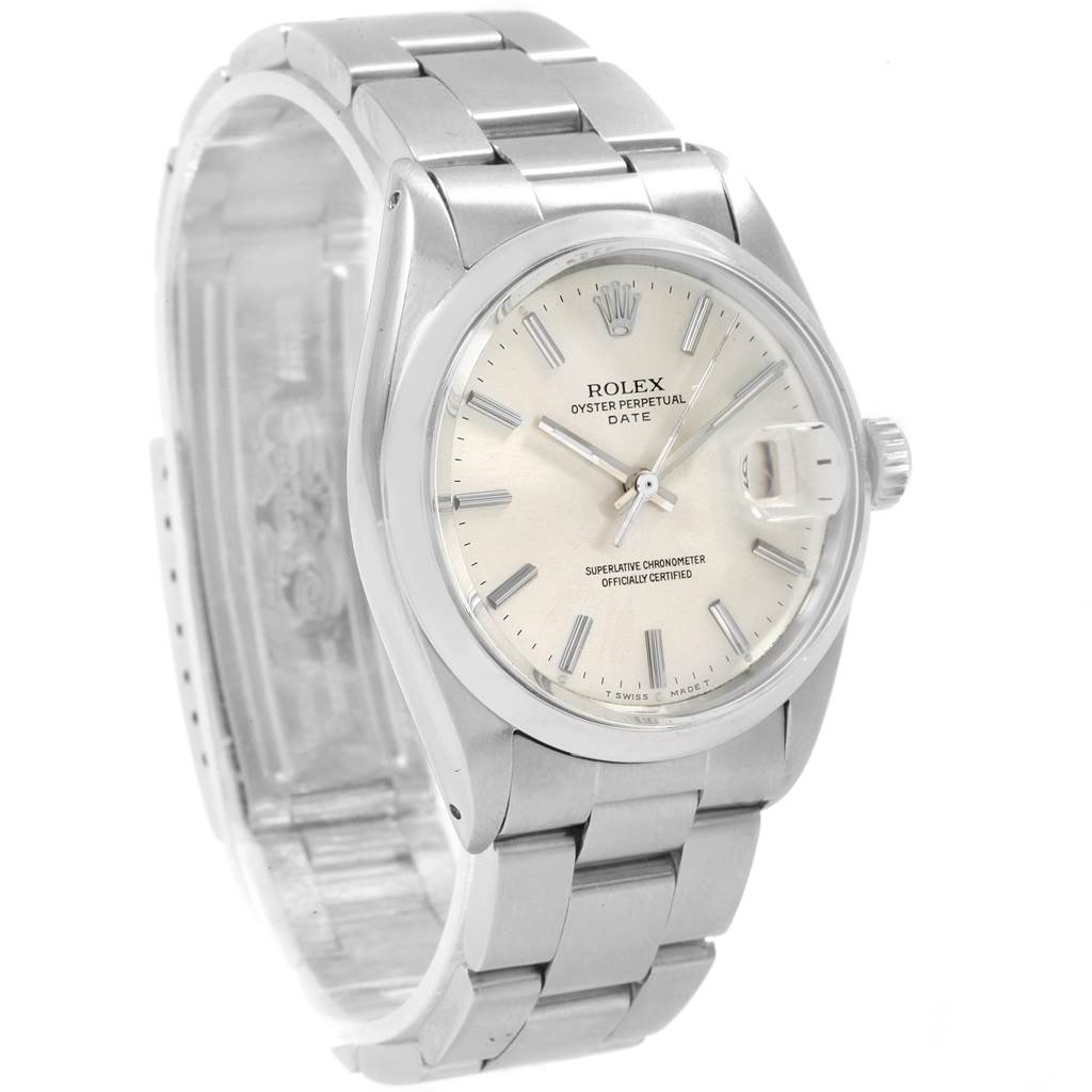 The image features a Rolex Vintage Collection 1500 Men
s Stainless Steel Silver Dial 1500 Men
s Stainless Steel Silver Dial Oyster Perpetual Date watch, shown at a three-quarter angle highlighting the face and bracelet.