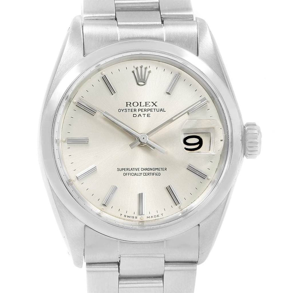 The image shows a front view of a Vintage Collection Rolex Oyster Perpetual Date watch, highlighting the face, dial, and bracelet.