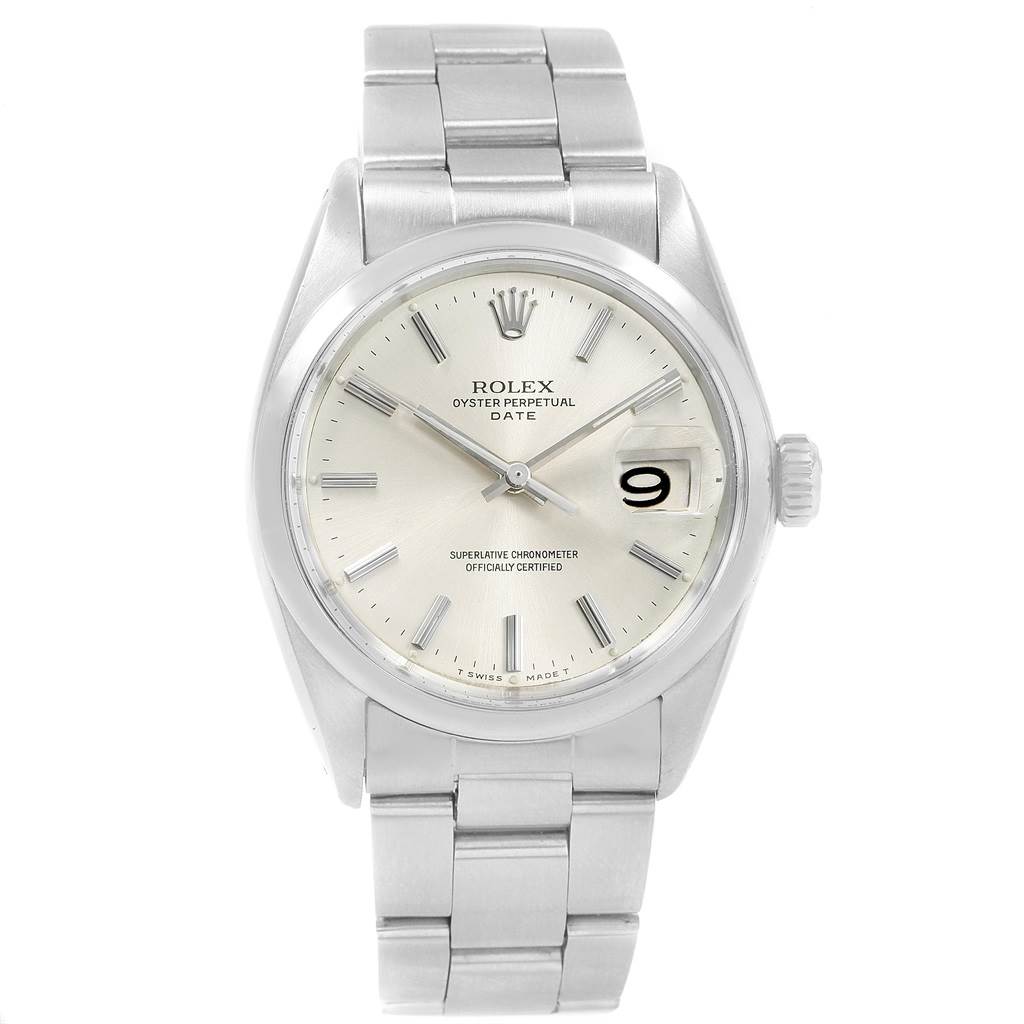 This image shows a front view of the Rolex Vintage Collection 1500 Men
s Stainless Steel Silver Dial 1500 Men
s Stainless Steel Silver Dial Oyster Perpetual Date watch, displaying the dial, hands, bracelet, and crown.