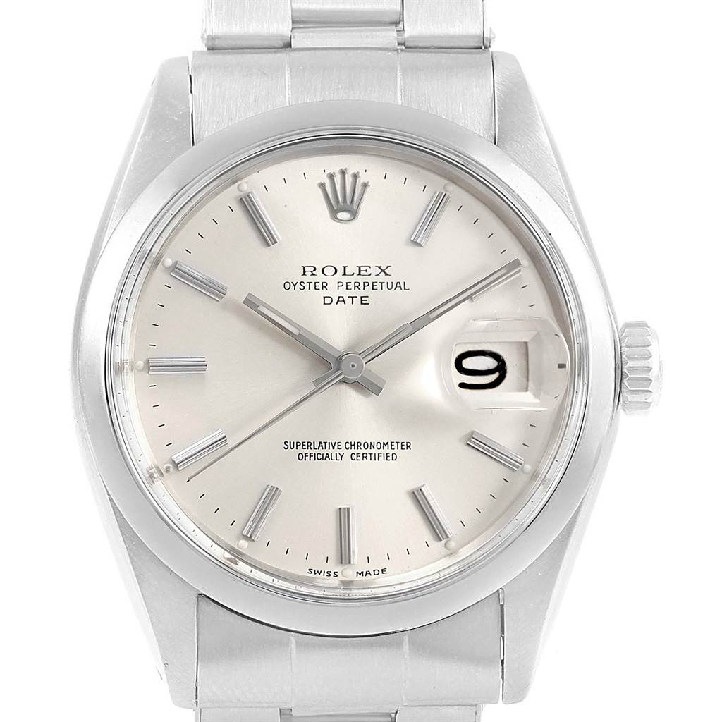 This image shows a front view of a Rolex Vintage Collection 1500 Men
s Stainless Steel Silver Dial 1500 Men
s Stainless Steel Silver Dial Oyster Perpetual Date watch, focusing on the dial and bracelet.
