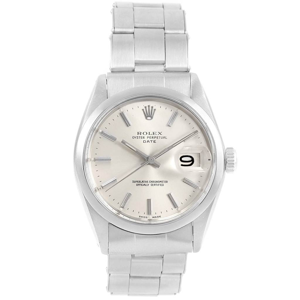 This image shows a frontal view of the Rolex Vintage Collection 1500 Men
s Stainless Steel Silver Dial 1500 Men
s Stainless Steel Silver Dial model watch, displaying its dial, hands, bracelet, and date window.