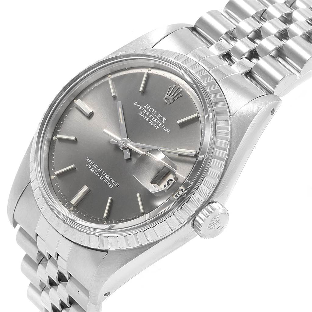 The image shows a Rolex Vintage Collection 1603 Men
s Stainless Steel Grey Dial 1603 Men
s Stainless Steel Grey Dial watch angled to display the face, bezel, crown, and part of the bracelet.