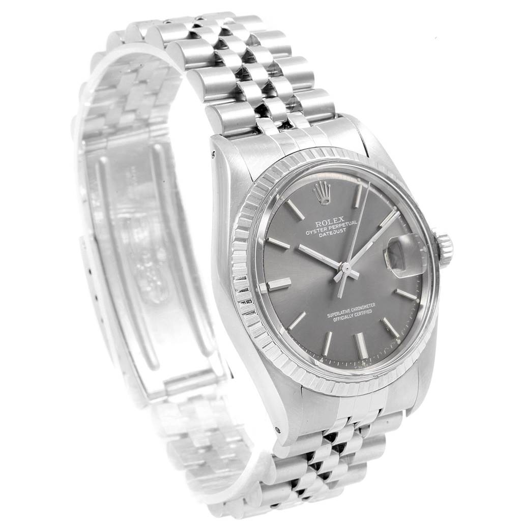 This image shows an oblique (3/4) view of a Rolex Vintage Collection 1603 Men
s Stainless Steel Grey Dial 1603 Men
s Stainless Steel Grey Dial watch, highlighting its face, bezel, and bracelet.