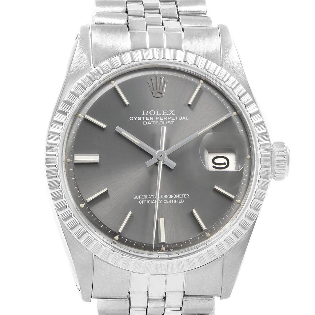 The image shows a front view of a Rolex Vintage Collection 1603 Men
s Stainless Steel Grey Dial 1603 Men
s Stainless Steel Grey Dial Oyster Perpetual Datejust watch, displaying the face, bezel, and bracelet.