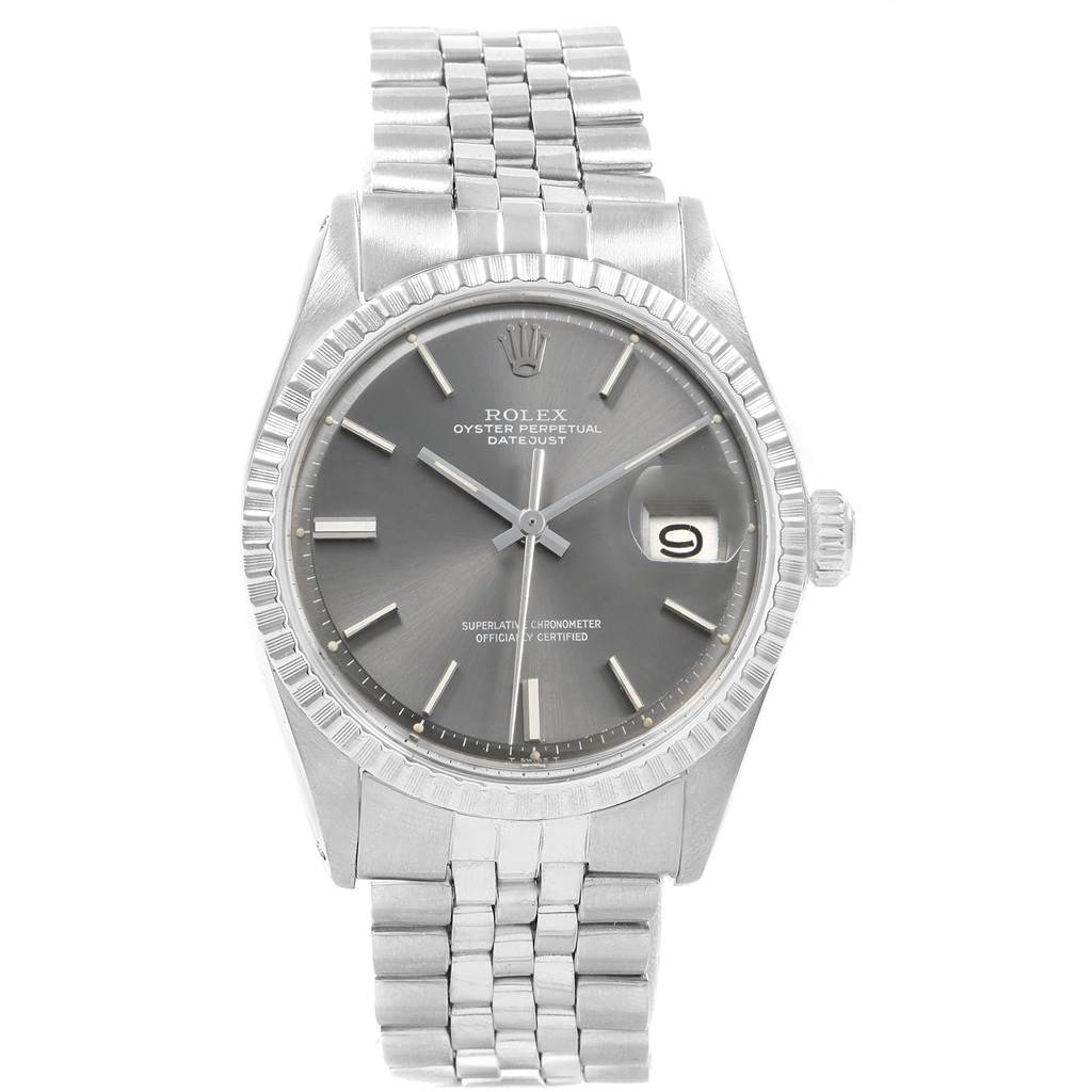 The watch, a Rolex Vintage Collection 1603 Men
s Stainless Steel Grey Dial 1603 Men
s Stainless Steel Grey Dial, is shown from the front angle, displaying its dial, bezel, and bracelet.