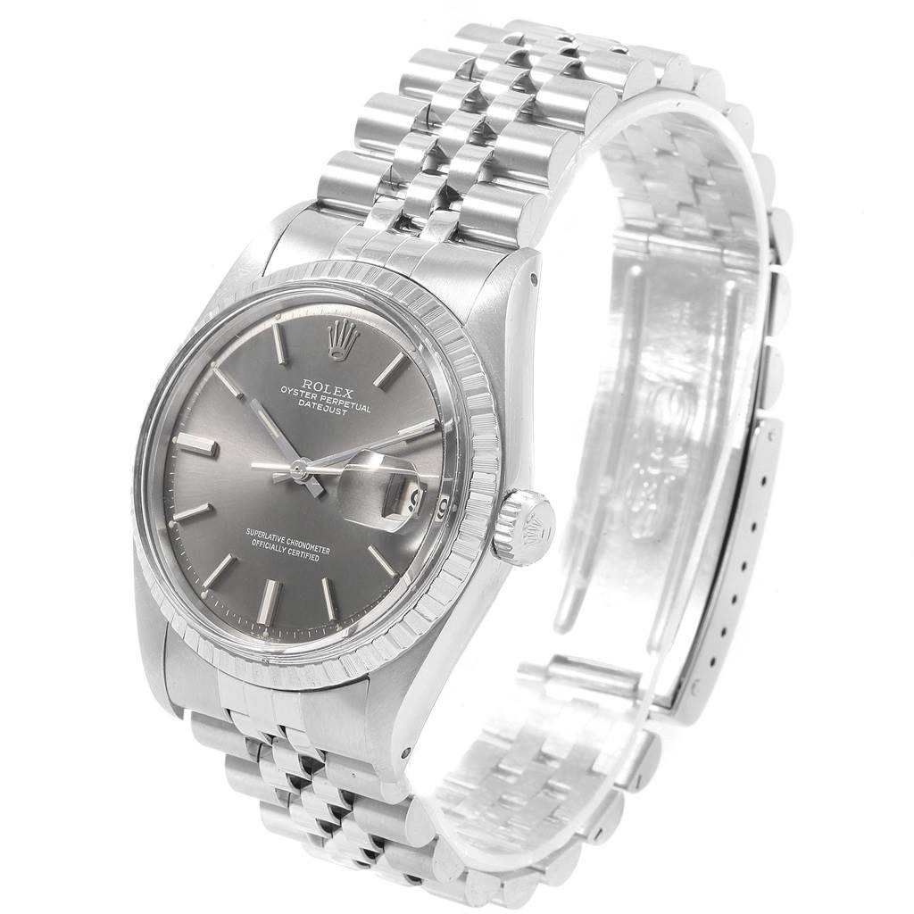 This Rolex Vintage Collection 1603 Men
s Stainless Steel Grey Dial 1603 Men
s Stainless Steel Grey Dial model is shown from an angled side view, displaying the face, bezel, crown, and bracelet.