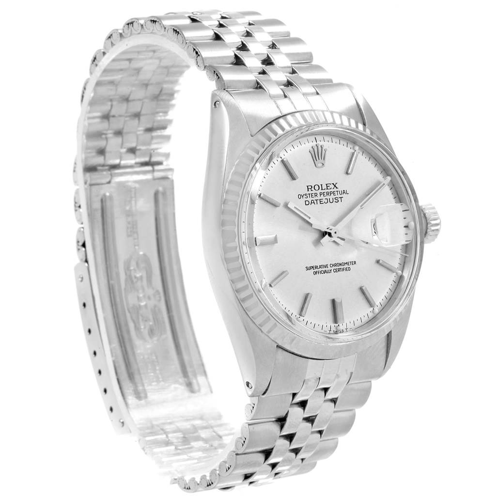 The image shows a side view of the Rolex Vintage Collection 1601 Men
s Stainless Steel Silver Dial 1601 Men
s Stainless Steel Silver Dial Datejust watch, highlighting the dial, case, and bracelet.