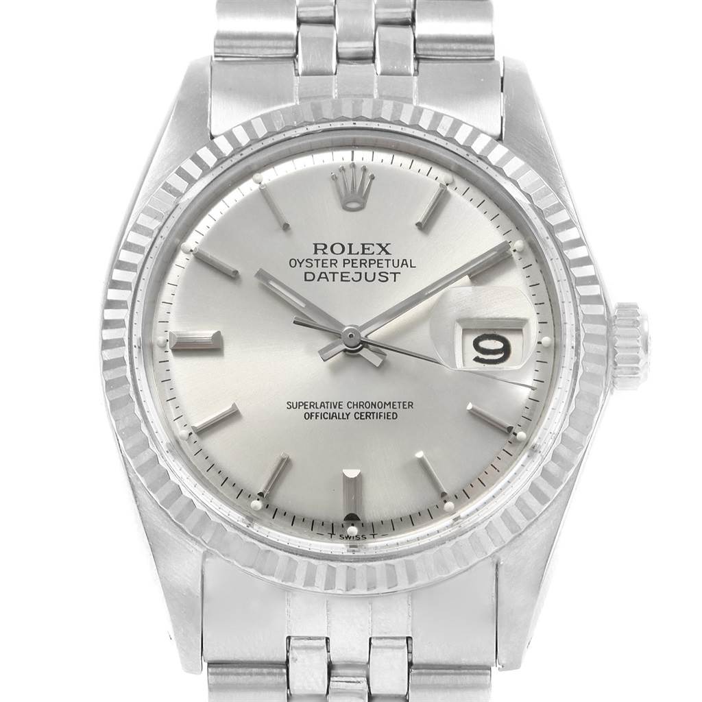 The Rolex Vintage Collection 1601 Men
s Stainless Steel Silver Dial 1601 Men
s Stainless Steel Silver Dial Datejust watch is shown from the front, displaying the dial, hands, date window, and part of the bracelet.