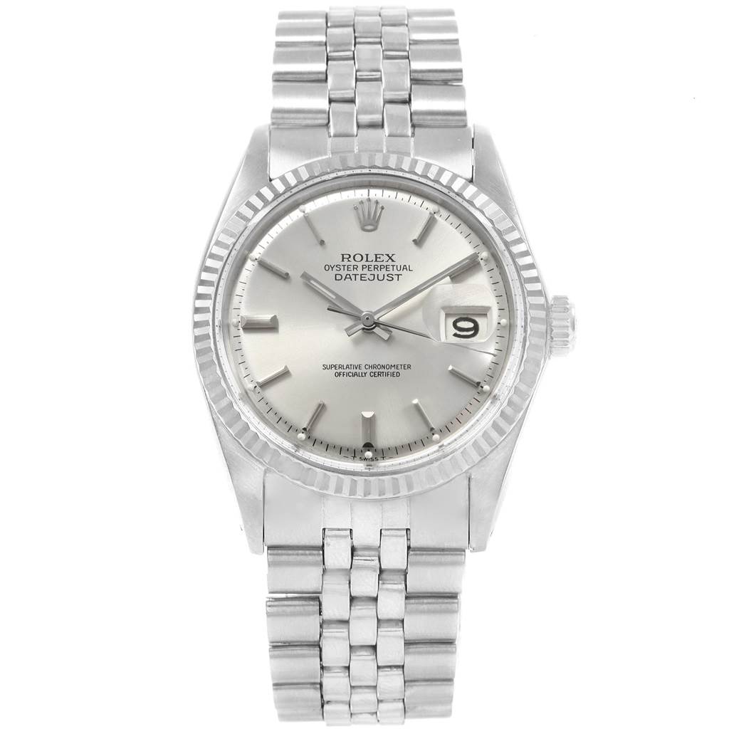 This Rolex Vintage Collection 1601 Men
s Stainless Steel Silver Dial 1601 Men
s Stainless Steel Silver Dial model watch is shown from a front angle, featuring its face, bezel, crown, and bracelet.