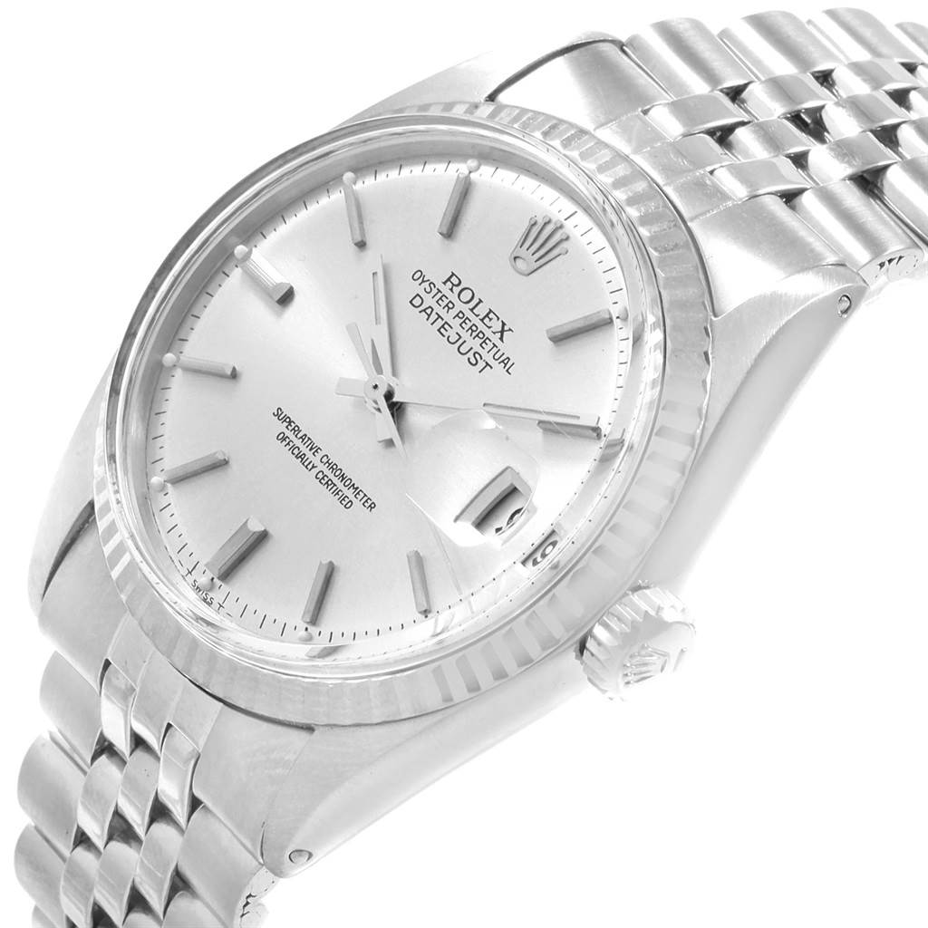The image shows a top-side view of the Rolex Vintage Collection 1601 Men
s Stainless Steel Silver Dial 1601 Men
s Stainless Steel Silver Dial Datejust watch, highlighting the face, bezel, crown, and bracelet.