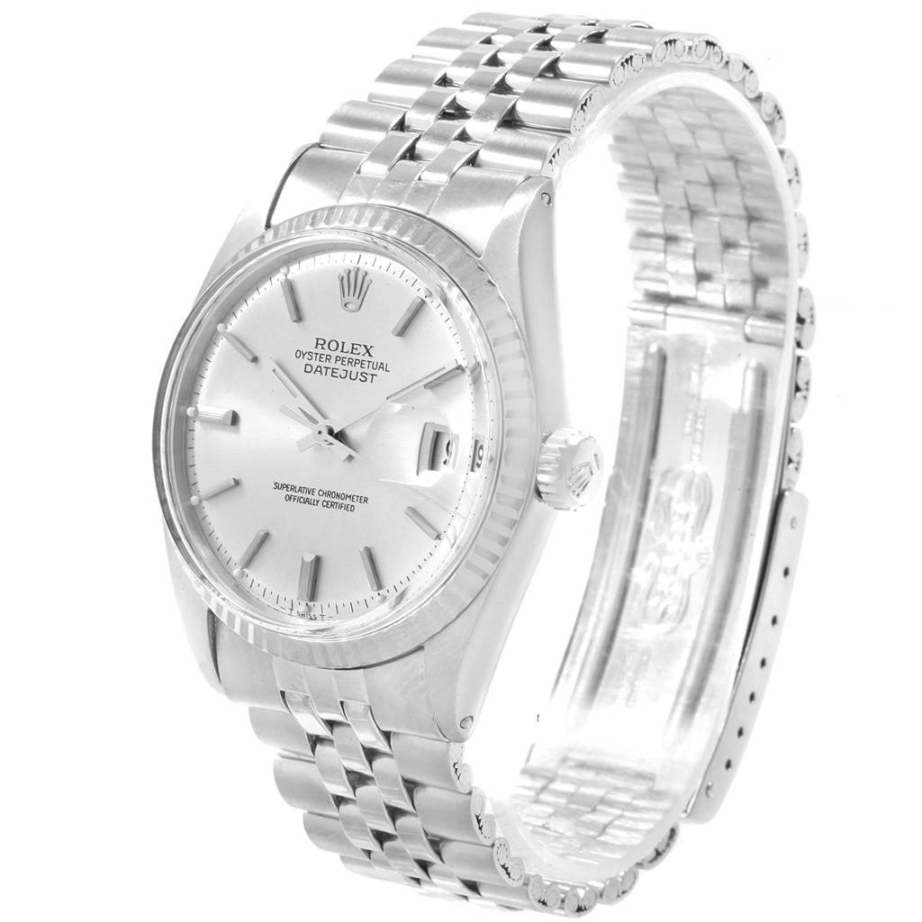 This image shows a Rolex Vintage Collection 1601 Men
s Stainless Steel Silver Dial 1601 Men
s Stainless Steel Silver Dial Datejust watch at a three-quarter angle, featuring the dial, bracelet, and crown.