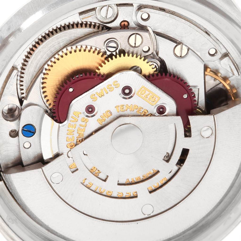 This image shows a close-up of the internal mechanism of the Rolex Vintage Collection 1601 Men
s Stainless Steel Silver Dial 1601 Men
s Stainless Steel Silver Dial model watch.