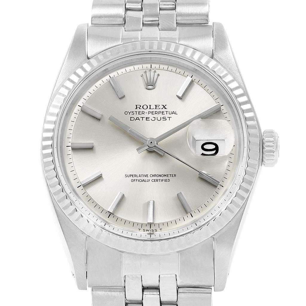 The image shows a front view of a Vintage Collection Rolex Datejust watch, displaying the dial, bezel, crown, and bracelet.