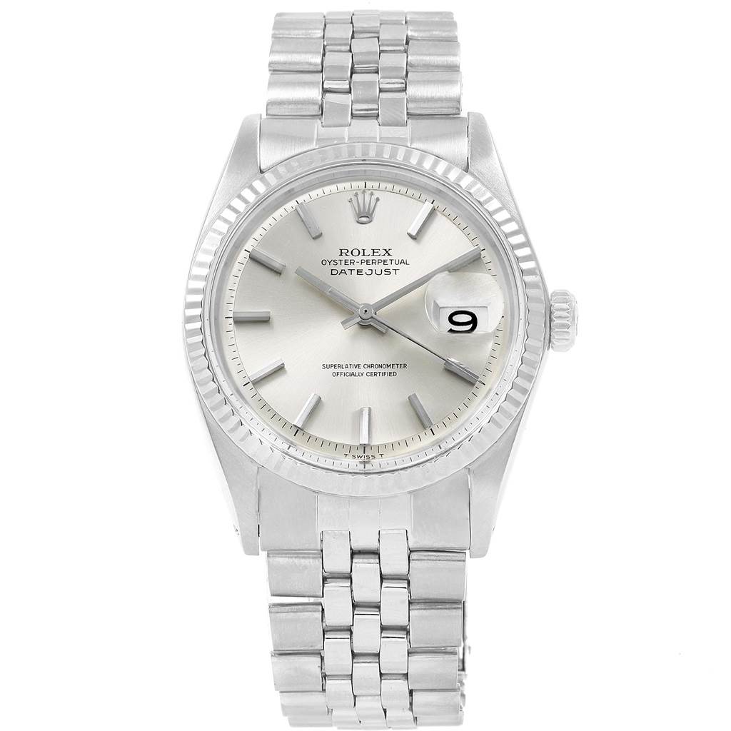 This image shows a front view of the Rolex Vintage Collection 1601 Men
s Stainless Steel Silver Dial 1601 Men
s Stainless Steel Silver Dial Oyster Perpetual Datejust watch, displaying its face, bezel, and bracelet.