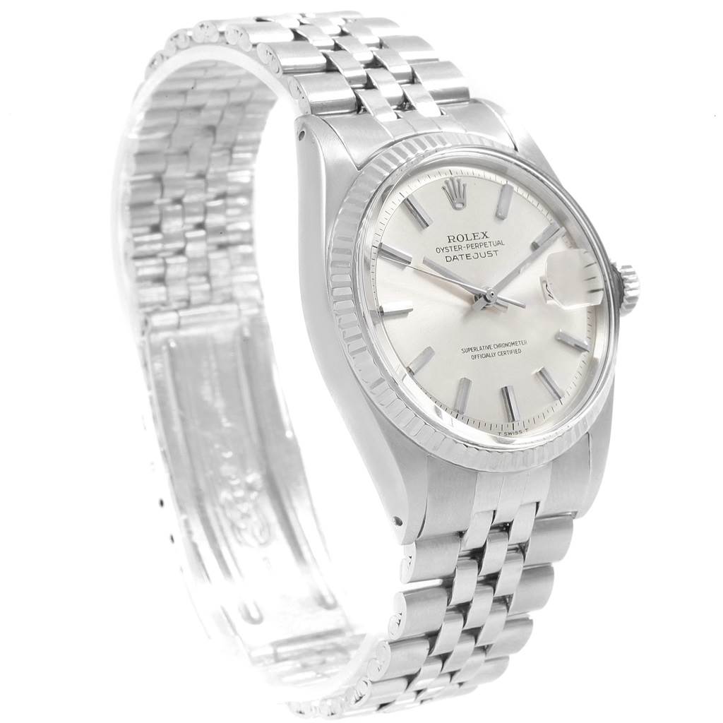 The angle shows a side view of the Rolex Vintage Collection 1601 Men
s Stainless Steel Silver Dial 1601 Men
s Stainless Steel Silver Dial Datejust watch, highlighting the dial, bezel, and bracelet.