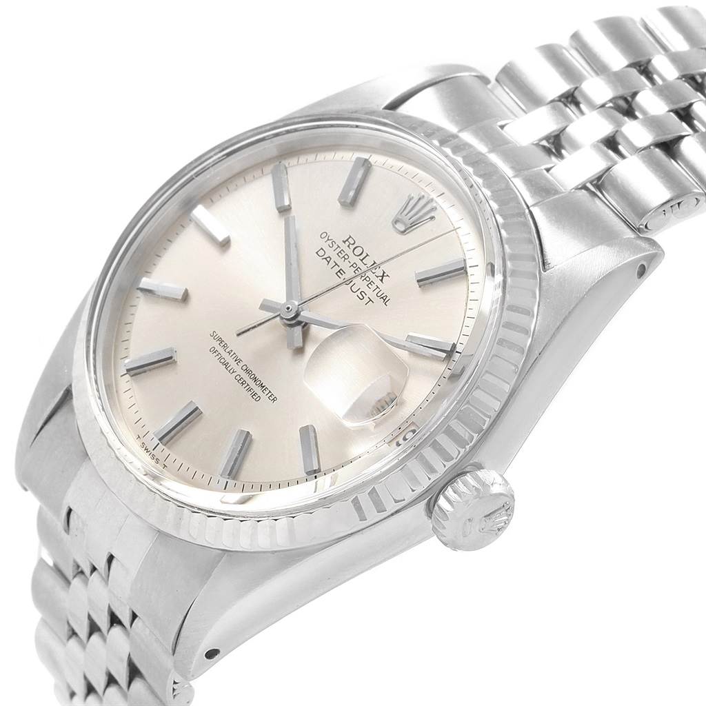 This image shows a Vintage Collection Rolex Datejust watch at a slight angle, highlighting the face, bezel, crown, and part of the bracelet.