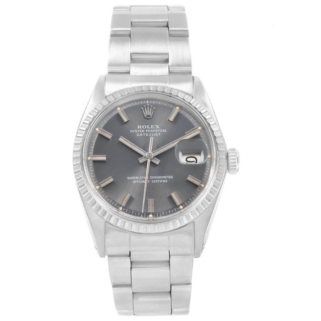 The image shows a front view of a Rolex Vintage Collection 1603 Men's Stainless Steel Grey Dial 1603 Men's Stainless Steel Grey Dial Oyster Perpetual Datejust watch featuring a stainless steel bracelet and case.