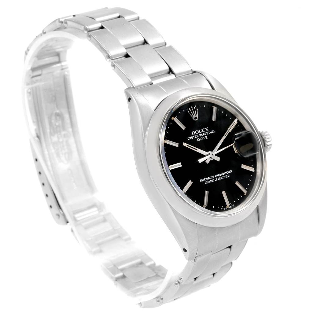 The image shows a Rolex Vintage Collection 1500 Men's Stainless Steel Black Dial 1500 Men's Stainless Steel Black Dial model watch from a three-quarter side angle, displaying the watch face, bezel, crown, and bracelet.