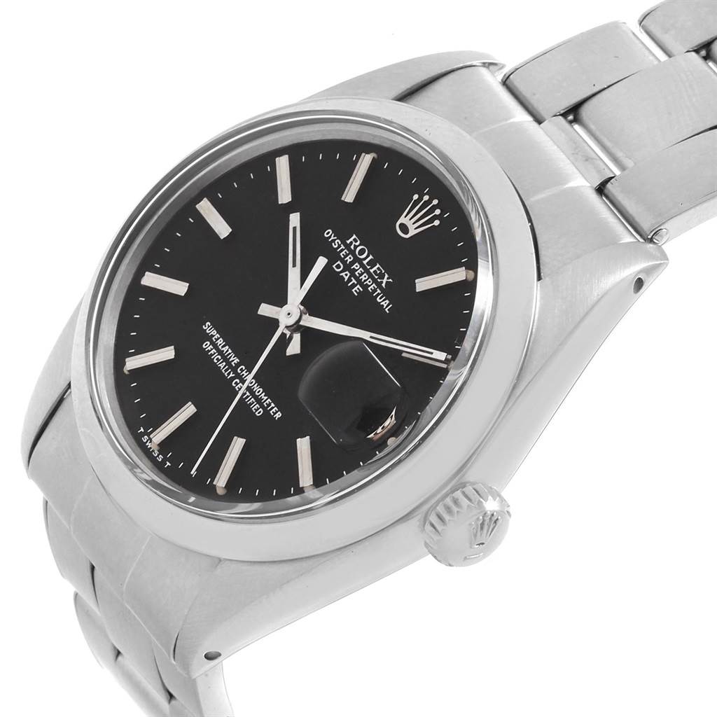 The image shows a side angle of a Rolex Vintage Collection 1500 Men's Stainless Steel Black Dial 1500 Men's Stainless Steel Black Dial model watch, highlighting its black dial, date magnifier, and stainless steel bracelet.