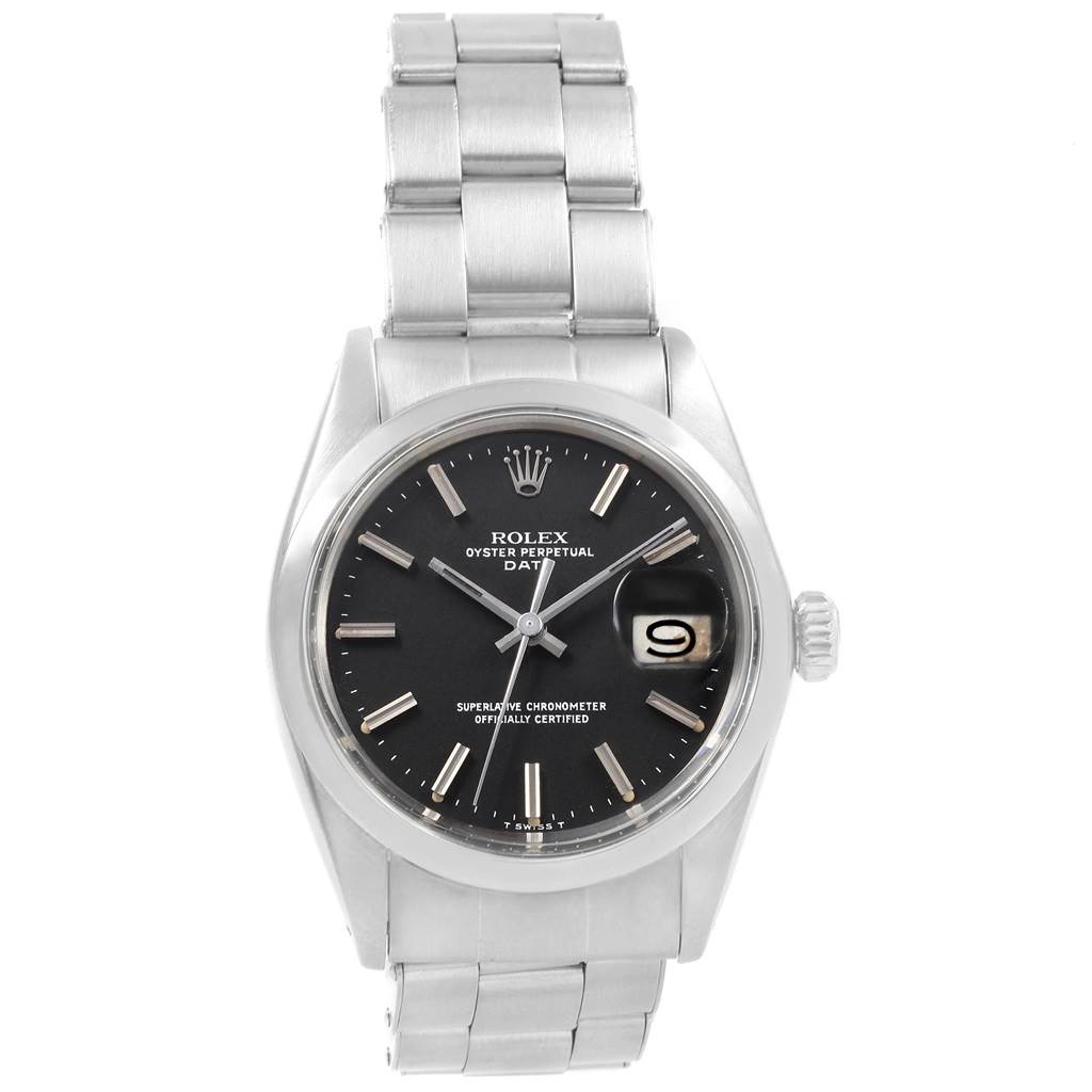 The image shows a front view of the Rolex Vintage Collection 1500 Men's Stainless Steel Black Dial 1500 Men's Stainless Steel Black Dial watch, highlighting its dial, bracelet, and date magnifier.