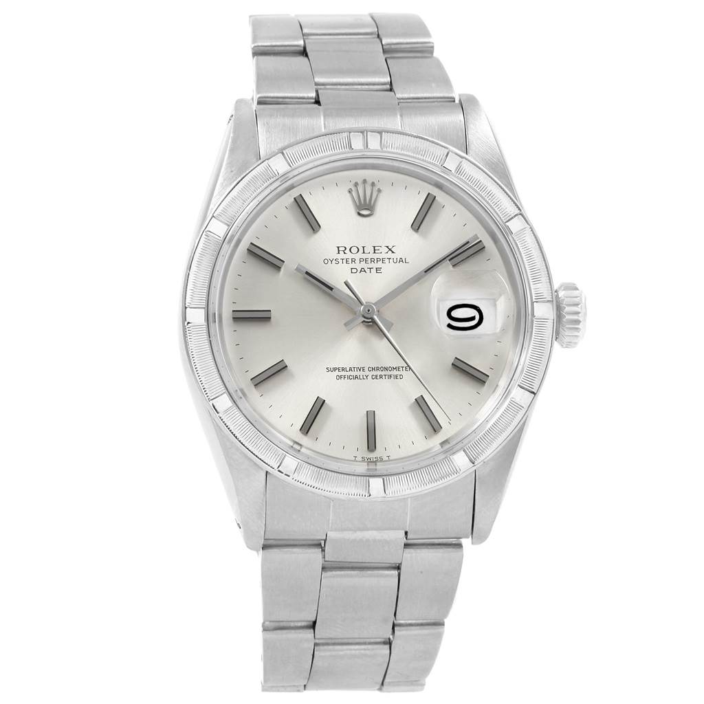The image shows a front view of a Rolex Vintage Collection 1501 Men's Stainless Steel Silver Dial 1501 Men's Stainless Steel Silver Dial Oyster Perpetual Date watch with a stainless steel bracelet and date display.