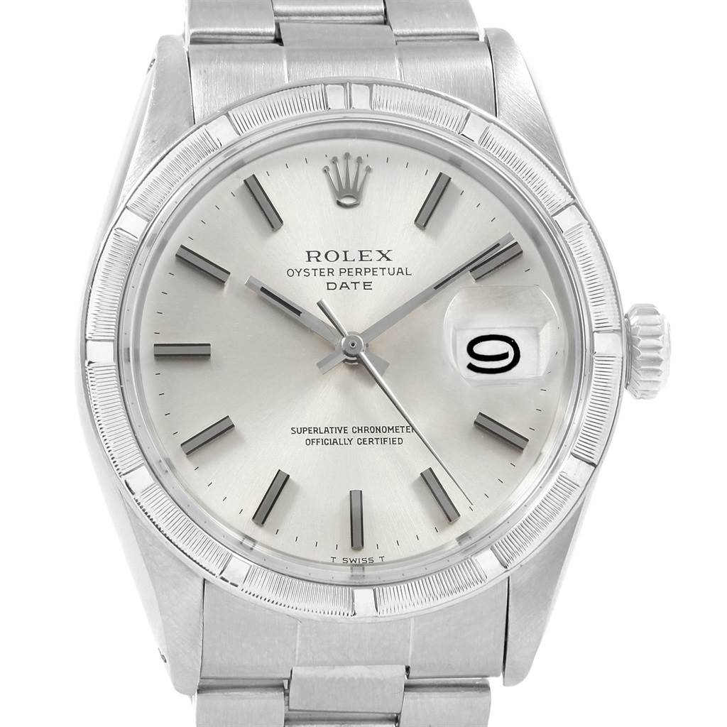 This image shows a front view of a Rolex Vintage Collection 1501 Men's Stainless Steel Silver Dial 1501 Men's Stainless Steel Silver Dial Oyster Perpetual Date watch.