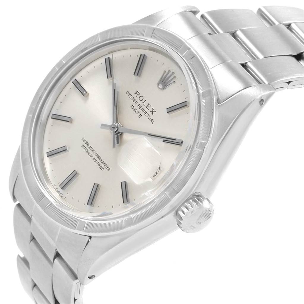 The image shows the Rolex Vintage Collection 1501 Men's Stainless Steel Silver Dial 1501 Men's Stainless Steel Silver Dial watch from a front-side angle, highlighting the face, bezel, crown, and part of the bracelet.